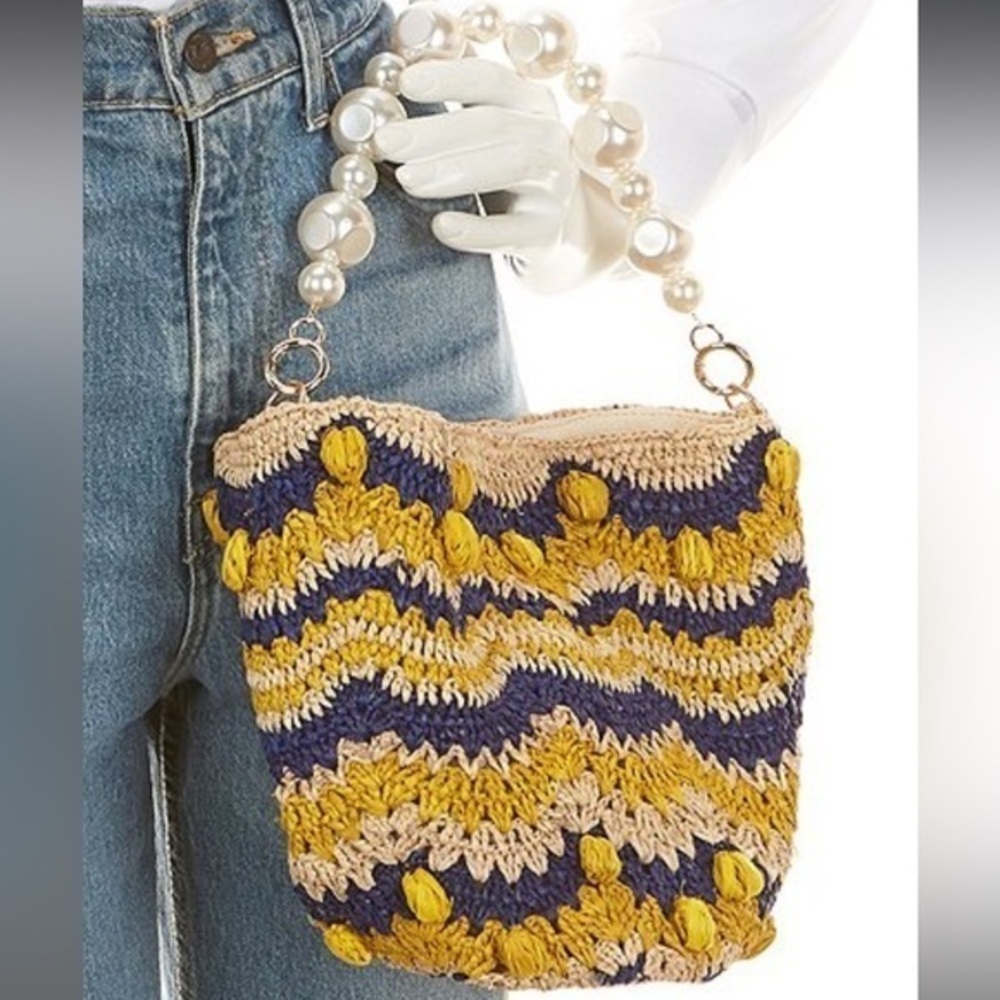 🆕btb Los Angeles Terni Pearl Raffia Boho Vacation Bucket Bag::NWT::